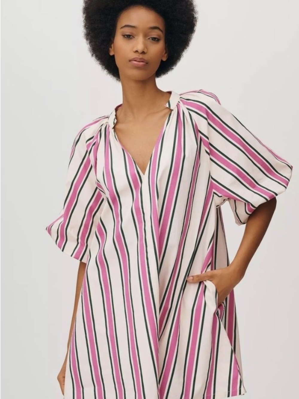 Anthropologie Bel Kazan Pink and White V-Neck Women's Dress
